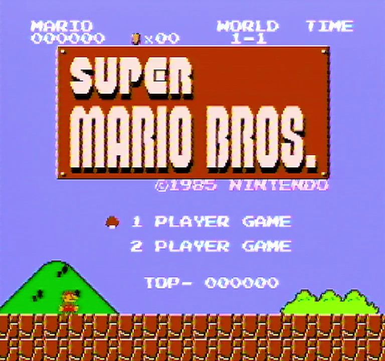 Titelscherm van Super Mario Bros. voor de NES (PAL-versie), wellicht een van de bekendste NES games.